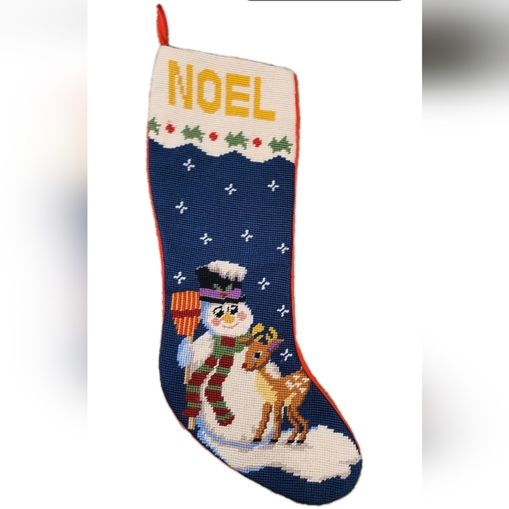 Vintage Needlepoint Christmas Stocking, Frosty Snowman & Rudolph, Wool Tapestry